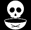 Black and white logo of a skull over a bowl.
