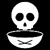 Black and white logo of a skull over a bowl.